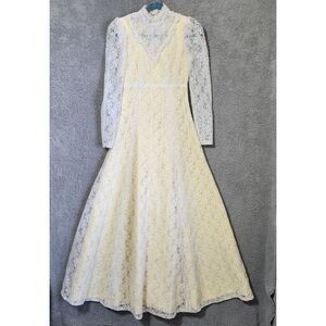 Vintage 1970s White Lace Yellow Wedding Dress Pearl Button Long Sleeve‎ Modest